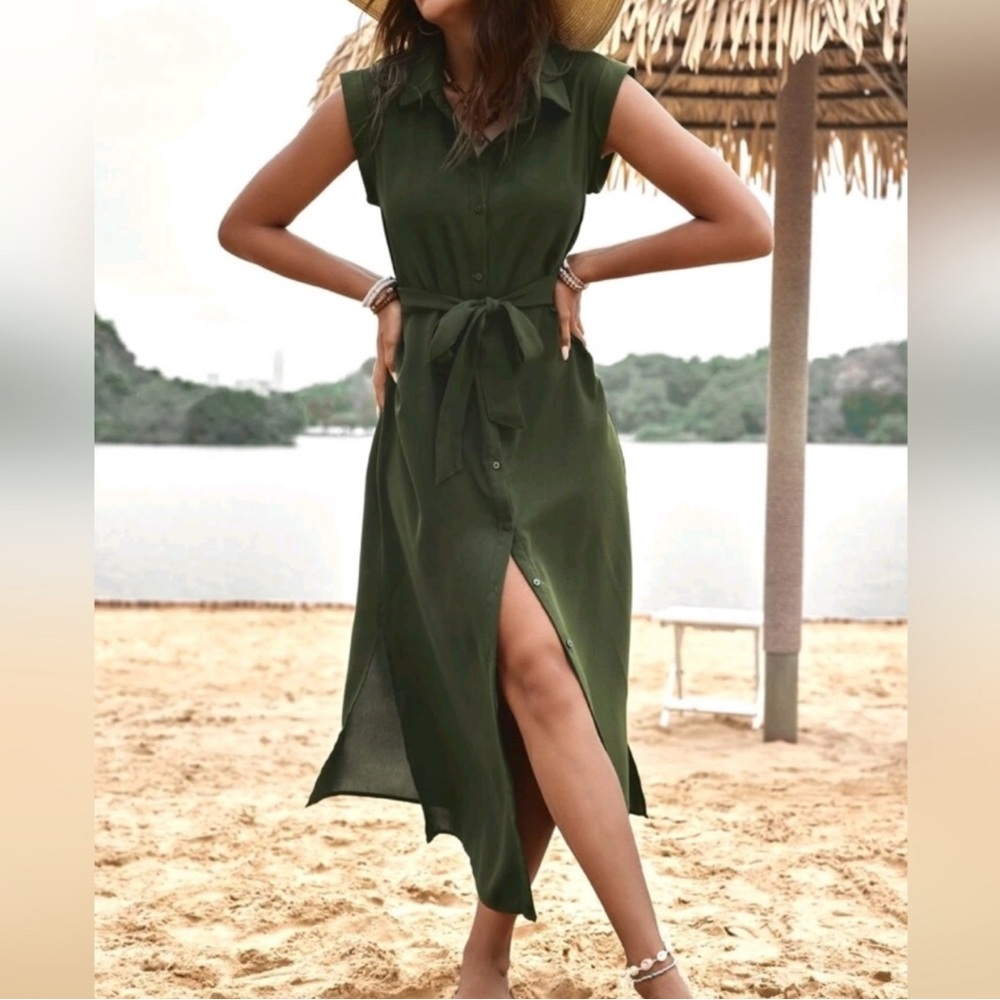New Chic Split Side Midi Shirt Dress Long Dark Green